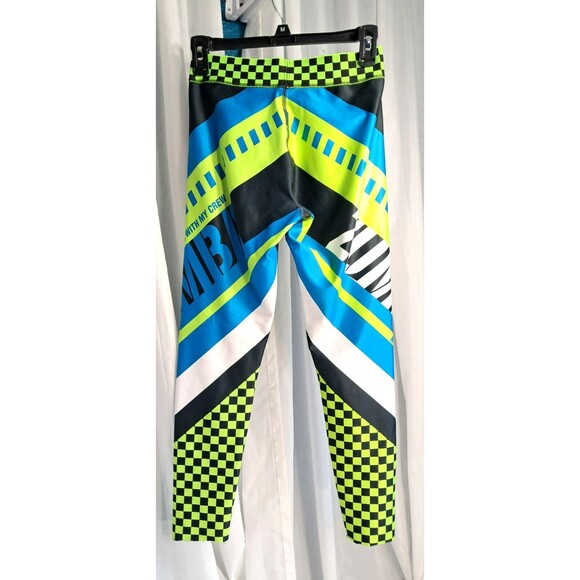 Zumba Faster Better Ankle Leggings SMALL Neon Green Blue Jacquard Waist Band - Picture 3 of 10
